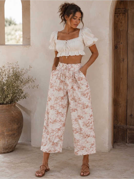 C&C California Pants - C&C California Women's Cropped Wide Leg Flowy
Pants Size Medium | Elastic Waist